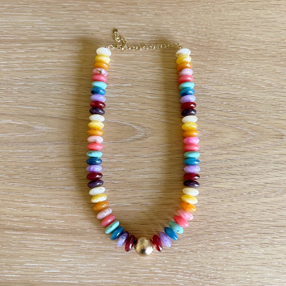 Colorful Rainbow Beaded Necklace with Gold Bead